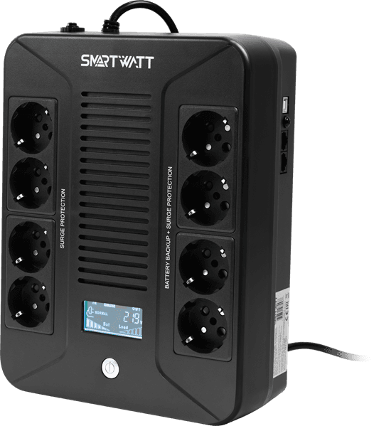 Источник бесперебойного питания SMARTWATT ИБП линейно-интерактивный, мощность 600/360 ВА/Вт, напольный/настенный, LCD дисплей, Shuko CEE7/4 - 8 шт. (4 шт. с резервным питанием, 4 шт. - сетевой фильтр), встроенные АКБ