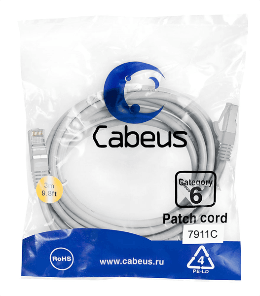 Патч-корд FTP, cat. 6, F/UTP экранированный, LSZH, 3 м, серый Cabeus PC-FTP-RJ45-Cat.6-3m-LSZH