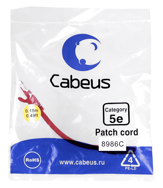 Патч-корд U/UTP, категория 5е, 2xRJ45/8p8c, неэкранированный, красный,0.15м Cabeus PC-UTP-RJ45-Cat.5e-0.15m-RD-LSZH Патч-корд U/UTP, категория 5е, 2xRJ45/8p8c, неэкранированный, красный, LSZH, 0.15м