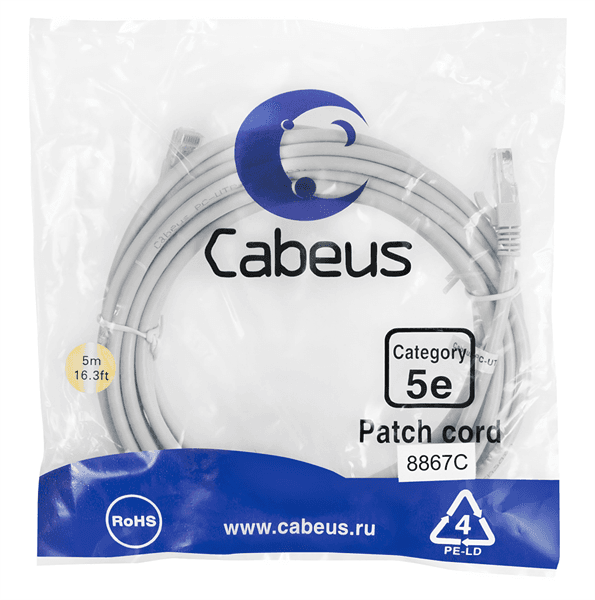 Шнур коммутационный Cabeus, Cat.5e, неэкр., U/UTP, RJ45/RJ45, LSZH, AWG24, 5м, серый