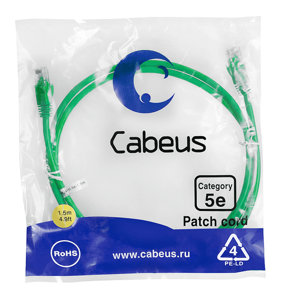 Шнур коммутационный Cabeus, Cat.5e, неэкр., U/UTP, RJ45/RJ45, PVC, AWG24, 1.5м, зеленый
