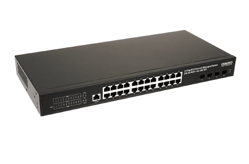 Коммутатор Gigabit Ethernet c 10G портами OSNOVO SW-24G4X-2L Управляемый L3 коммутатор Gigabit Ethernet на 24xRJ45 + 4x10G SFP+ Uplink. Порты: 24 x GE (10/100/1000Base-T) + 4 x 1G/10G SFP+ Uplink. Консольный порт, Уровень управления L3 (Full
