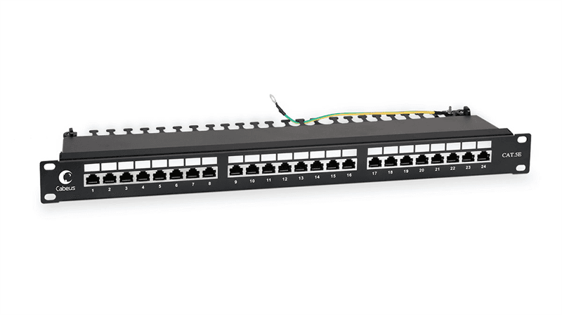 Комм. патч-панель Cabeus, 19", 1HU, портов: 24 х RJ45, кат. 5е, экр., черный, (PL-24-Cat.5e-SH-Dual)
