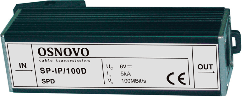 Устройство грозозащиты OSNOVO SP-IP/100D Устройство грозозащиты для локальной вычислительной сети (скорость до 100 Мб/с). Двухступенчатая защита. Максимальное длительное рабочее напряжение (Uс) DC6V. Номинальный ток разряда