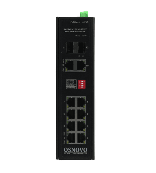 Промышленный PoE коммутатор Gigabit Ethernet OSNOVO SW-80822/IR Промышленный PoE коммутатор Gigabit Ethernet на 10 портов. Порты: 2 x GE (10/100/1000Base-T) с PoE BT (до 90W) + 6 x GE (10/100/1000Base-T) с PoE (до 30W) + 2 x GE RJ45 (10/100/1000
