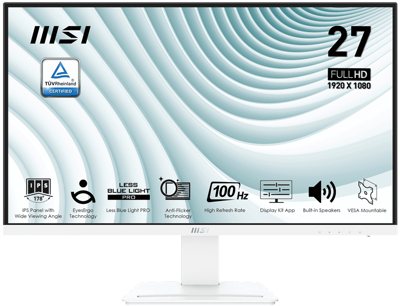 Монитор 27" MSI Pro MP273AW IPS 1920x1080, 100 Гц, 4 мс, 16:9, 300 кд/м2, 1xHDMI, 1xDP, белый