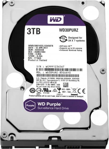 Жесткий диск Western Digital HDD SATA-III 3000Gb Purple WD30PURZ, IntelliPower, 64MB buffer (DV&NVR), 1 year