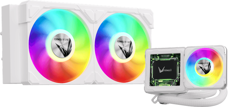 Система водяного охлаждения Formula V Line Cryo Wing Digi 240 WH, 240mm, LCD 2.73", 2x120mm, ARGB fans, LGA115X/1200/1700/1851/1366/2011/2066, AM3/AM4/AM5/Ryzen3/Ryzen5/Ryzen7/Threadripper/RT4