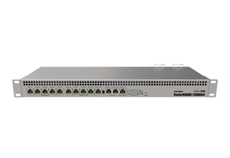Маршрутизатор MikroTik RouterBOARD 1100AHx4 Dude Edition with Annapurna Alpine AL21400 Cortex A15 CPU (4-cores, 1.4GHz per core), 1GB RAM, 13xGbit LAN, 60GB M.2 drive, RouterOS L6, 1U rack (нет крепления в стойку)
