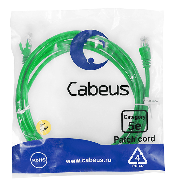 Патч-корд Cabeus, кат. 5е, неэкр., U/UTP, RJ45/RJ45, PVC, AWG24, 3м, зеленый