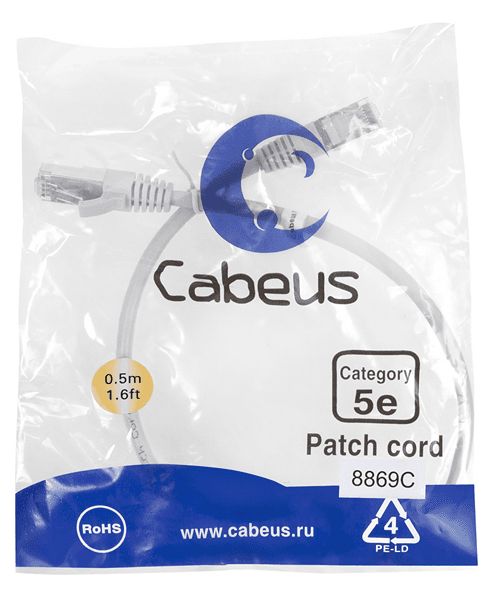 Шнур комм. Cabeus, кат. 5е, экр., F/UTP, RJ45/RJ45, LSZH, AWG24, 0.5м, серый