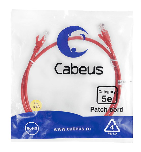Шнур комм. Cabeus, кат. 5е, неэкр., U/UTP, RJ45/RJ45, LSZH, AWG24, 1м, красный