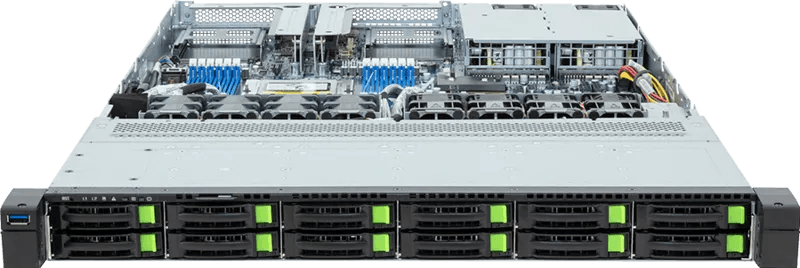 Шасси серверное Gigabyte Server Platform R163-Z35 Rev.3x / 1U / 1xAMD (9004/9005) / 1xHS / 12xDIMM / 12xSFF NVME/SAS/SATA + 1xM.2 PCIe Gen3 / 1x1GbE / 2xOCP 3.0 / 2xFHHL / 2x1300W / Rails / 1Y