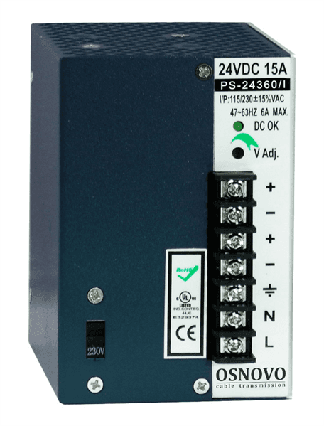 Промышленный блок питания OSNOVO PS-24360/I Промышленный блок питания. DC24V, 15A (360W). Диапазон входных напряжений: AC195-265V. КПД: 82%. Регулировка выходного напряжения в диапазоне 22-26V. Защита от короткого замыкания, п