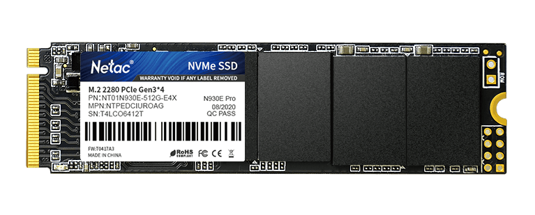 SSD накопитель Netac SSD N930E Pro 512GB PCIe 3 x4 M.2 2280 NVMe 3D NAND, R/W up to 2080/1700MB/s, IOPS(R4K) 200K/200K, TBW 300TB, 3y wty
