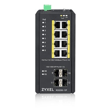 Коммутатор Промышленный L2 PoE+ коммутатор Zyxel RGS200-12P, 8xGE PoE+, 4xSFP, крепление на стену/DIN-рейку, IP30, два источника питания DC, бюджет PoE 240 Вт