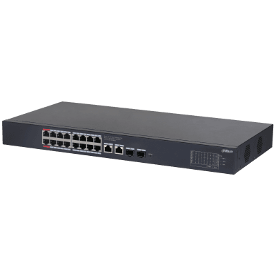 Коммутатор DAHUA 16-портовый гигабитный PoE коммутатор с функцией облачного управления Порты: 16 RJ45 10/100/1000Мбит/с (PoE/PoE+/Hi-PoE), 2 RJ45 10/100/1000Мбит/с (uplink), 2 SFP 1000Мбит/с (uplink); мощность