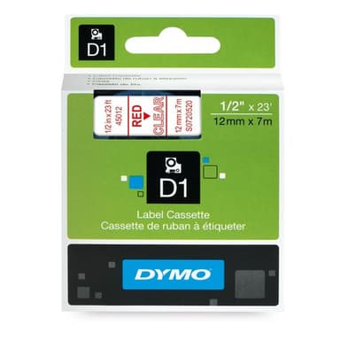 Картридж с лентой D1 для принтеров DYMO LabelManager 12 мм х 7 м, пластик, красный на прозрачном (Original)