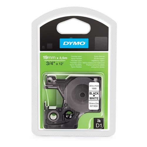Картридж с нейлоновой лентой D1 для принтеров DYMO LabelManager для неровных поверхностей и маркировки провода "флажком" 19мм х 3,5м, черный на белой ленте (Original)