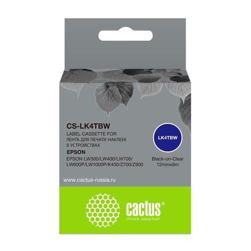 Картридж ленточный Cactus CS-LK4TBW LK-4TBW черный на прозрачном 12x9 для Epson LW300/LW400/LW700/LW600P/LW1000P/K400/Z700/Z900 (Cactus)