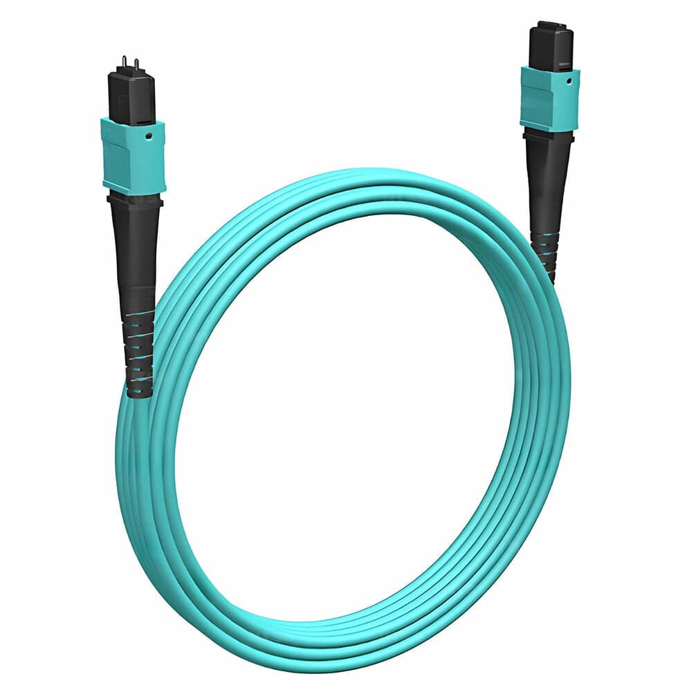 Оптический патч-корд MPO-MPO 50/125 MM Cabeus FOP-50-OM3-12-MPO(F)-12-MPO(M)-B-1m 1 метр бирюзовый LSZH