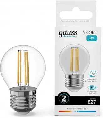Лампа филам. Gauss Filament 8Вт цок.:E27 шар 220B св.свеч.бел.нейт. (упак.:10шт)