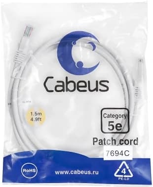 Шнур комм. Cabeus, кат. 5е, неэкр., U/UTP, RJ45/RJ45, PVC, AWG24, 1.5м, белый
