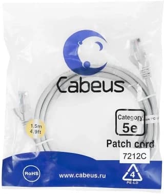 Патч-корд UTP Cabeus PC-UTP-RJ45-Cat.5e-1.5m, cat. 5e, 1.5 м, неэкранированный, серый