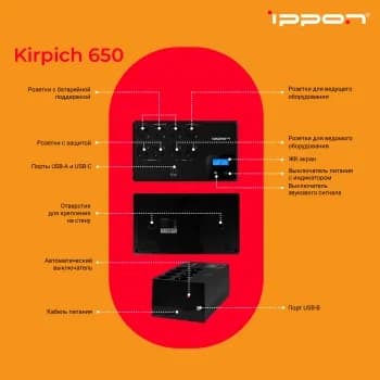 IPPON Kirpich 650 ИБП линейно-интерактивный 650ВА/360Вт 6xEURO USB