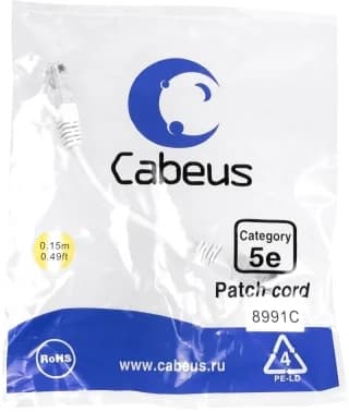 Шнур коммутационный Cabeus, Cat.5e, неэкр., U/UTP, RJ45/RJ45, PVC, AWG24, 0.15м, белый