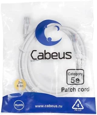 Шнур коммутационный Cabeus, Cat.5e, неэкр., U/UTP, RJ45/RJ45, PVC, AWG24, 2м, белый