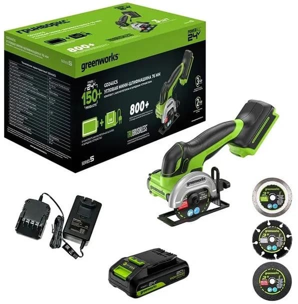 Углошлифовальная машина Greenworks GD24UCS 500Вт 20000об/мин рез.шпин.:M6 d=76мм (3402007CUA)