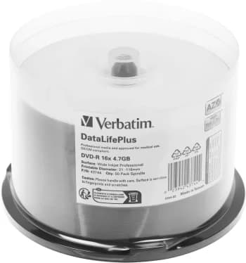 Диск DVD-R Verbatim 4.7 Gb, 16x, Cake Box (50), Full Ink Printable Pro (50/200)