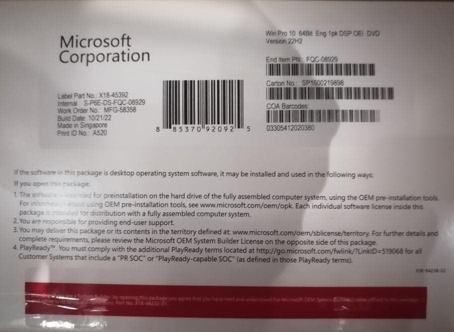 Лицензия OEM WIN 10 PRO 64B ENG 1PK FQC-08929 MS
