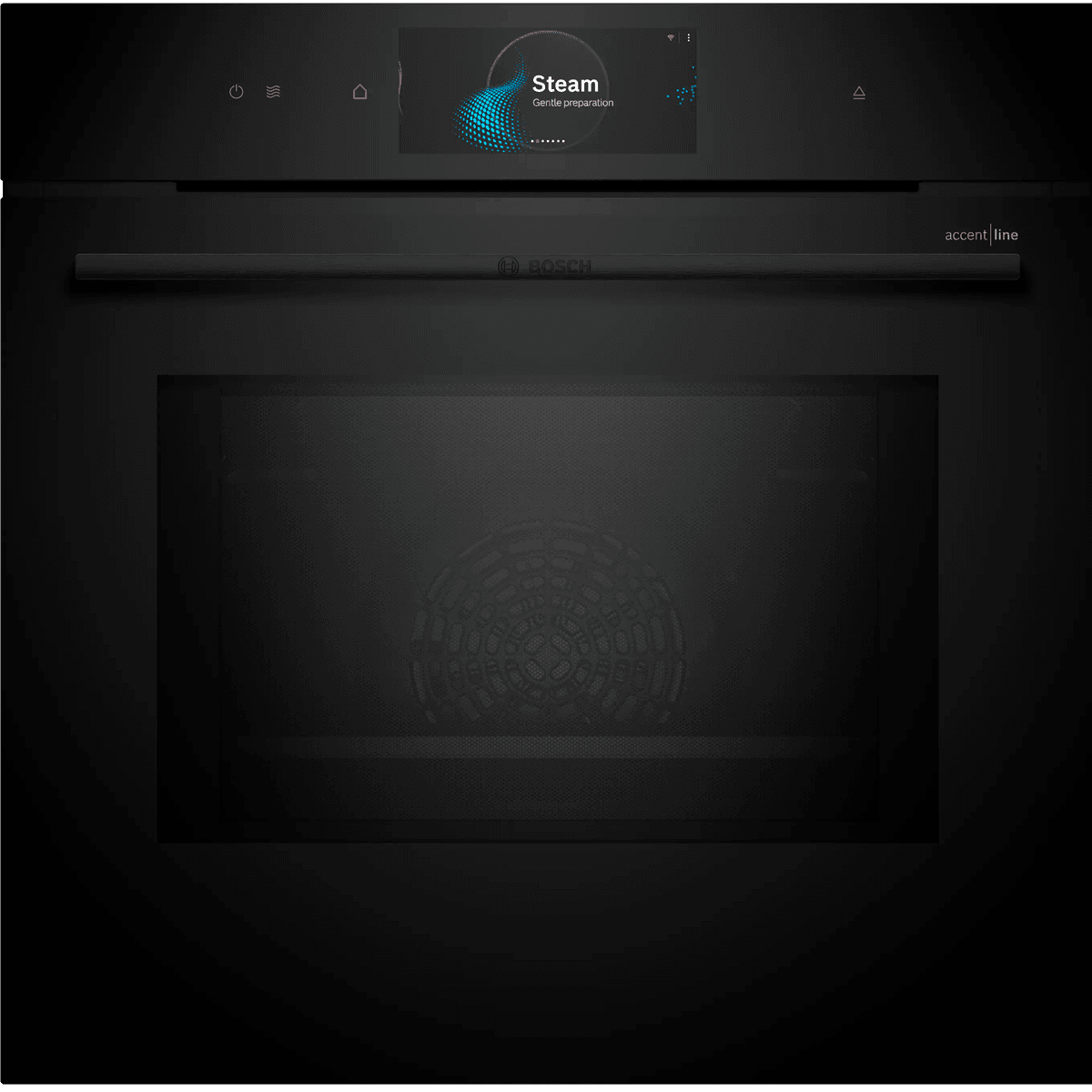 Духовой шкаф Bosch HNG978QB1 Accent line. Serie 8, духовой шкаф с микроволнами и паром, черный, 28 режимов + комбинированные режимы, микроволны до 800 Вт, 4-слойное остекление, 3 цветных текстовых TFT-дисплея 2,5" с сенсорным управлением, поворотный переключатель ControlRing, LED-освещение, меню "Assist", PerfectBake, PerfectRoast, пиролитическая самоочистка, телескопические направляющие на 1 уровне