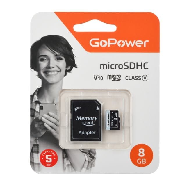 GoPower 00-00025673 Карта памяти microSD GoPower 8GB Class10 15 МБ/сек V10 с адаптером
