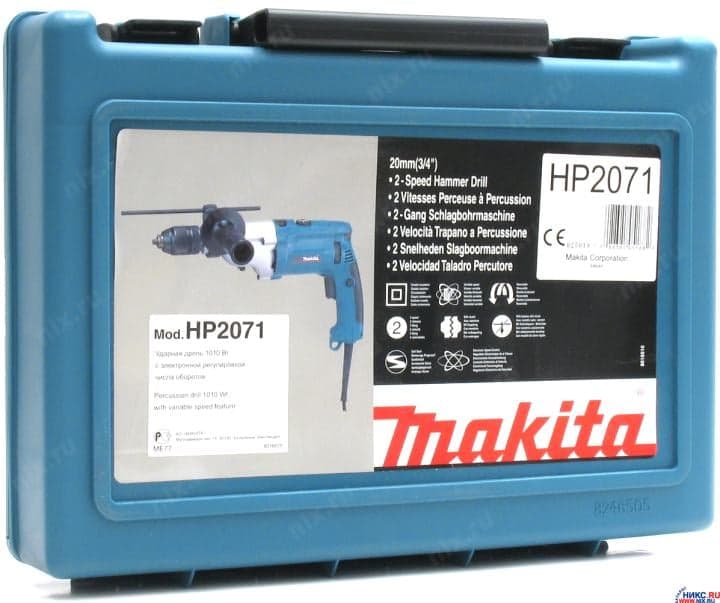 Makita <HP2071> Ударная дрель (1010W, 2900 об/мин, 13 мм, 2 скорости, регулятор, реверс, кейс)