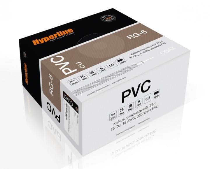 Hyperline COAX-RG6-CU-500 (500 м) Кабель коаксиальный RG-6, 75 Ом (ТВ, SAT, CATV), однопроволочная жила 18 AWG, 1.02 мм
