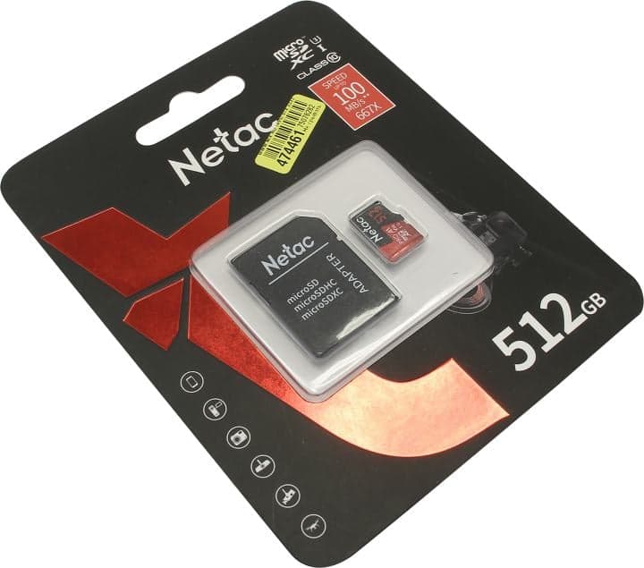 Netac <NT02P500PRO-512G-R> microSDXC Memory Card 512Gb A1 V30 UHS-I U1 + microSD-->SD Adapter