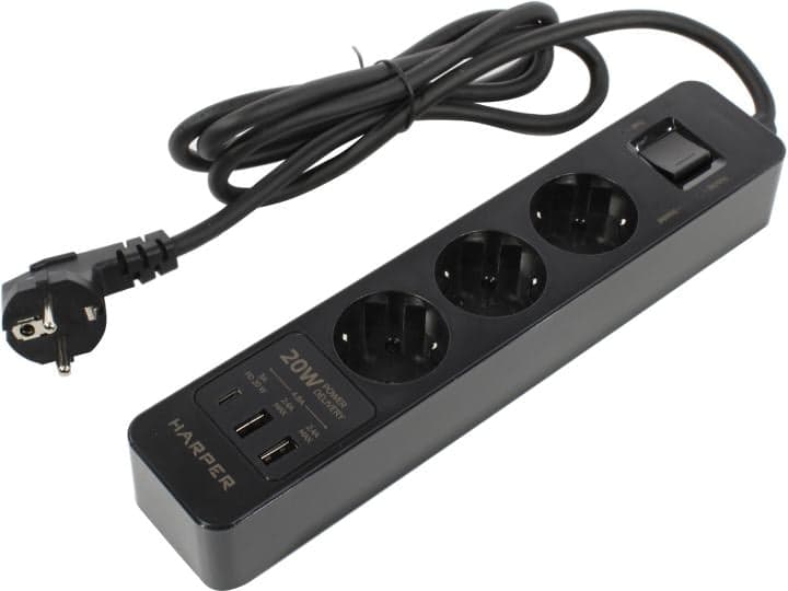 Удлинитель HARPER <UCH-350 Black> <1.5м> (3 розетки + 2 USB + USB-C, 3A)