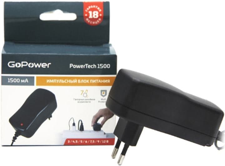 GoPower <00-00015336> PowerTech 1500 блок питания (3-12V, 1.5A)+7сменных разъёмов питания