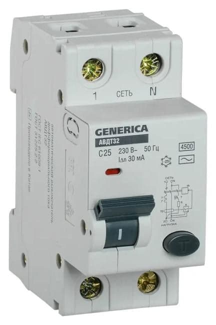 Выключатель автом. дифф. тока IEK MAD25-5-025-C-30 АВДТ 32 Generica 25A тип C 6kA 30мА AC 2П 230В 2мод серый (упак.:1шт