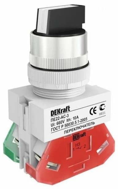 Переключатель DEKraft 25052DEK ПЕ-22 на 3 фикс. положения I-O-II стандартная ручка 1НО+1НО AC-3 D=22мм 220В черный
