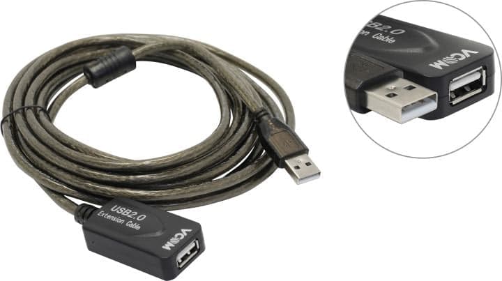 VCOM <VUS7049-5м> Кабель удлинительный активный USB 2.0 <A-->A> 5м