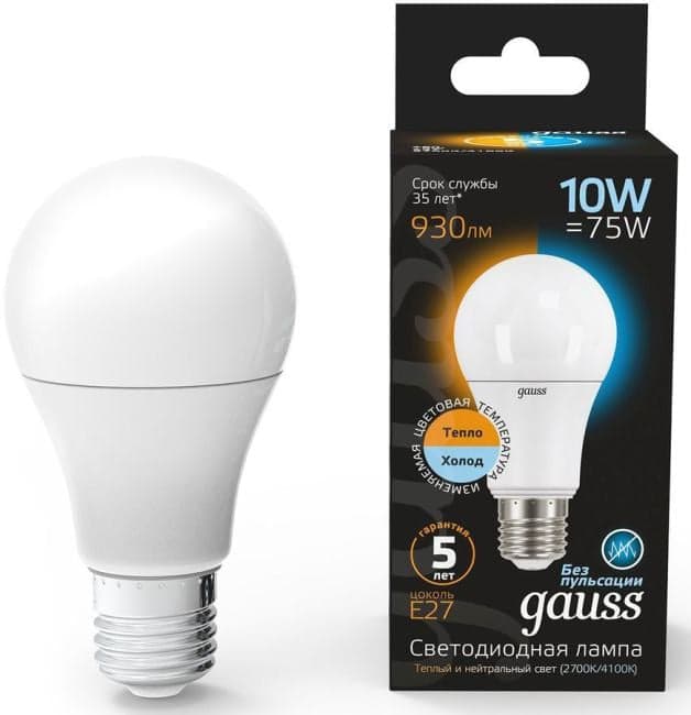 GAUSS 102502110-T Лампа светодиодная LED 10 Вт 930 Лм 3000К-4100К E27 A60 изм.цвет.темп. Black Gauss (102502110-T)