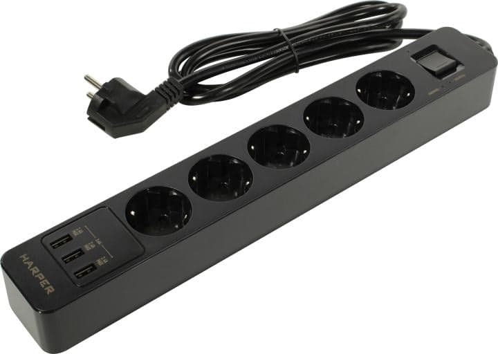 Удлинитель HARPER <UCH-530 Black> <1.5м> (5 розеток + 3 USB)