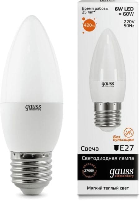 GAUSS 33216 Лампа светодиодная LED 6 Вт 420 Лм 3000К теплая Е27 Свеча Elementary Gauss