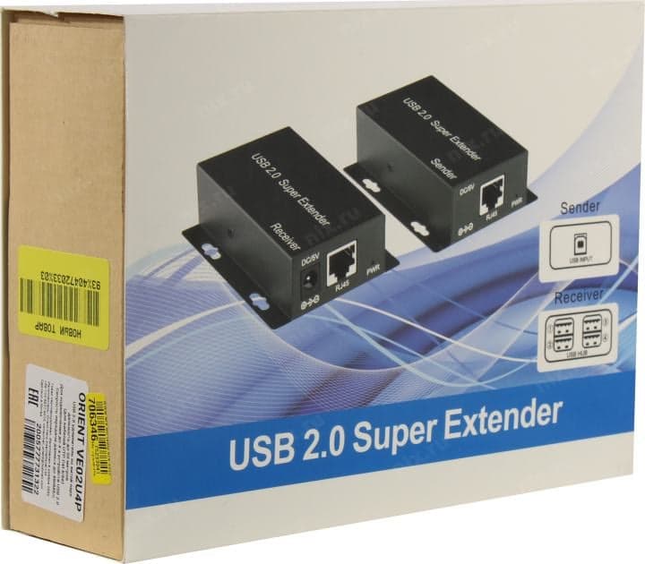 Orient <VE02U4P> USB 2.0 Extender (USB B -> RJ45 -> 4xUSB A, до50м) + б.п.