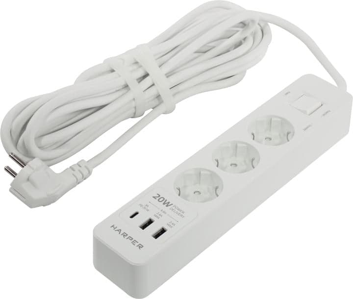 Удлинитель HARPER <UCH-440 White> <5м> (3 розетки + 2 USB + USB-C, 3A)
