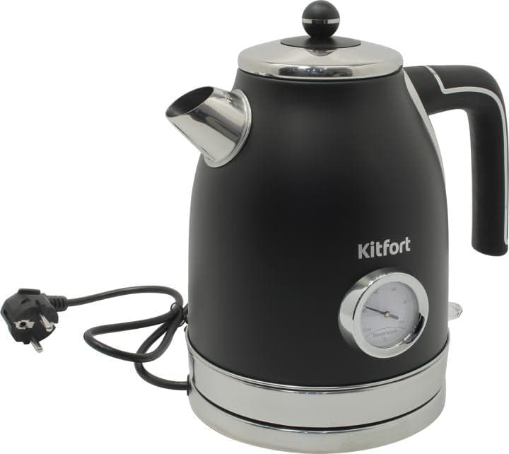 Kitfort <KT-6102-1 чёрный с серебром> Электрочайник (1.7л, 2150 Вт, стальной, встроенный термометр)